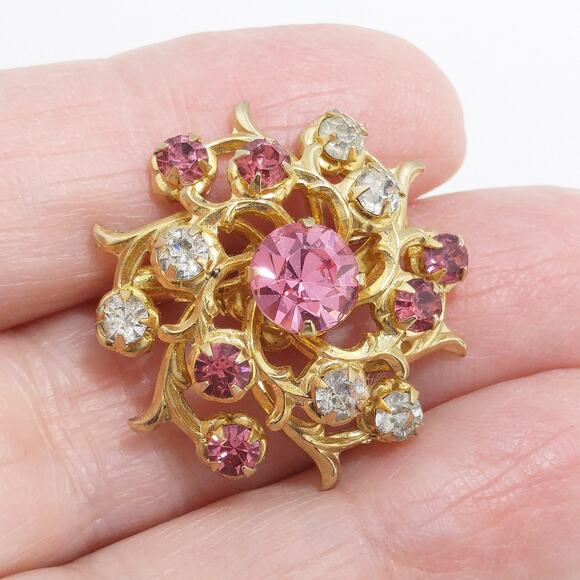 Coro Pink Rhinestone Brooch, Gold Plated Scatter Pin, 1940s Vintage Jewelry - Picture 10 of 10